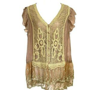 NWOT SCULLY BRONZE BEIGE SEMI-SHEER LAYERED LACE BLOUSE SIZE LARGE